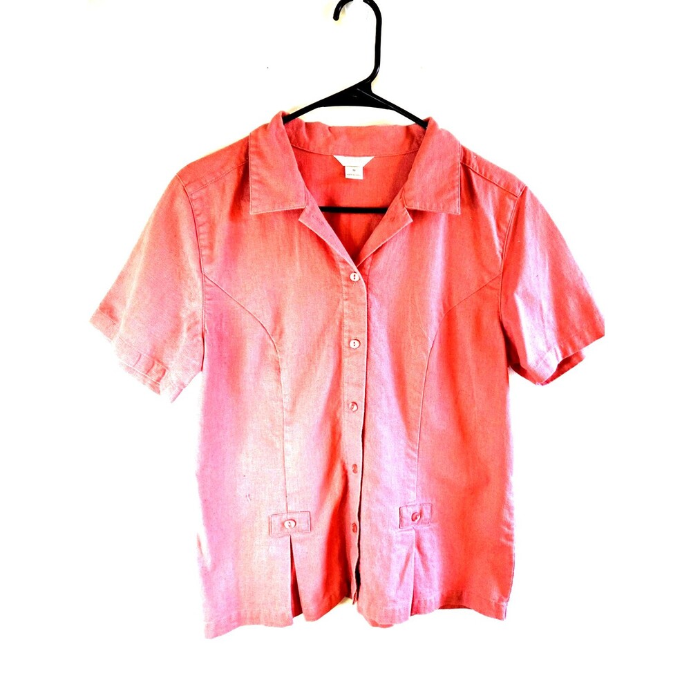 Women's Christopher & Banks Coral Pink Button Front Short Sleeve Size Med Blouse
